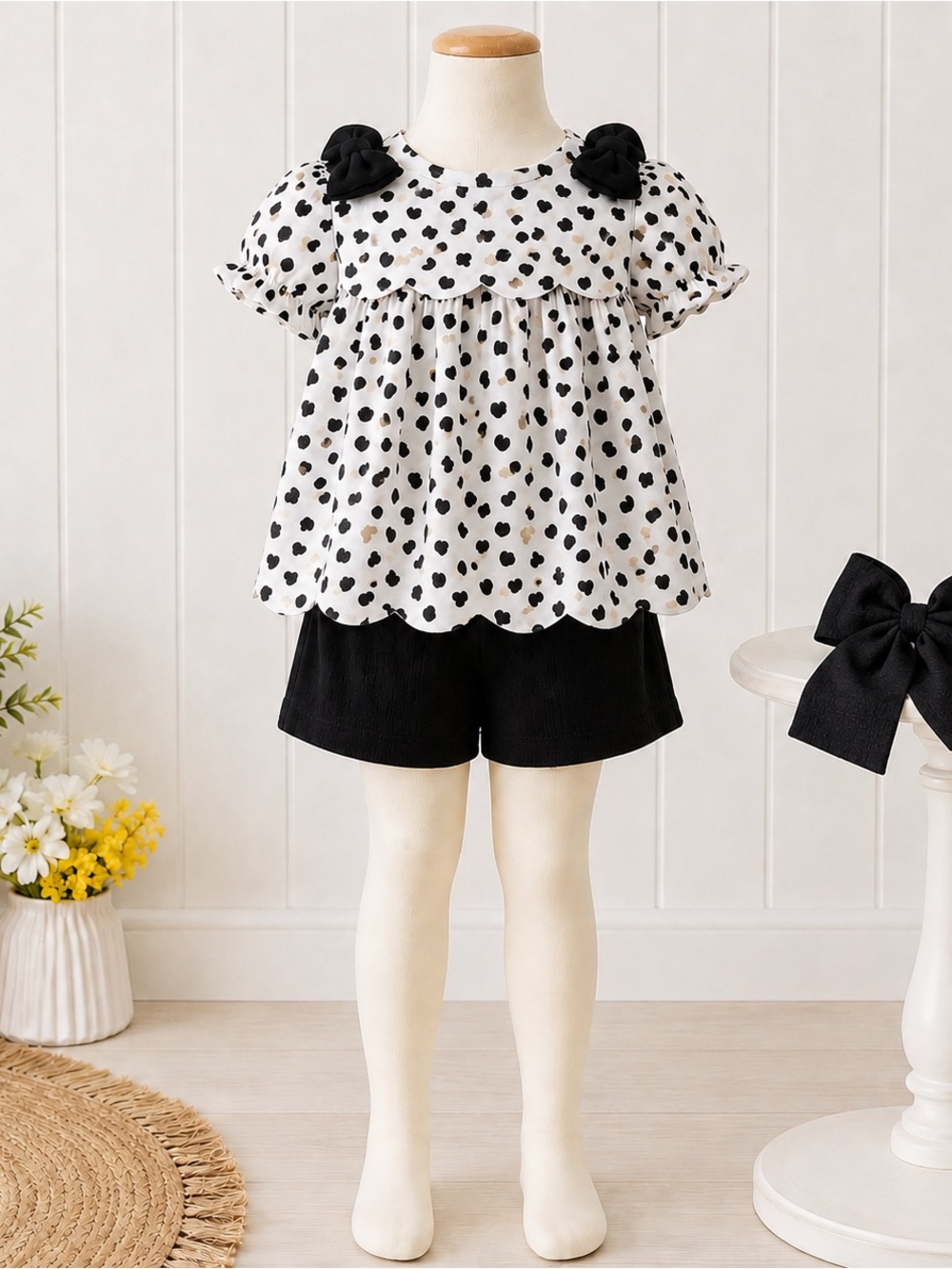 Kids cupcakes & cashmere Top White with Black & Gold Hearts H&M shorts size 4/5